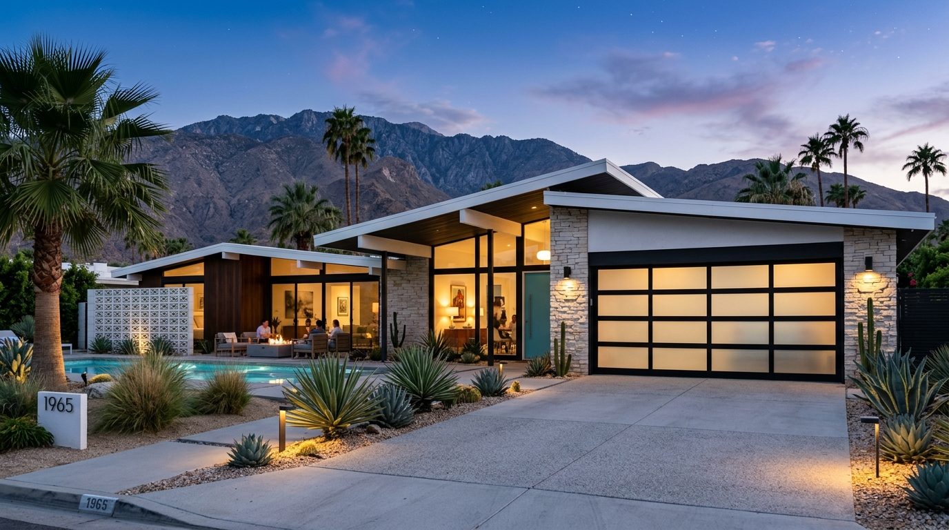 Alami Custom Garage Doors Exterior Closed Garage Door at Twilight