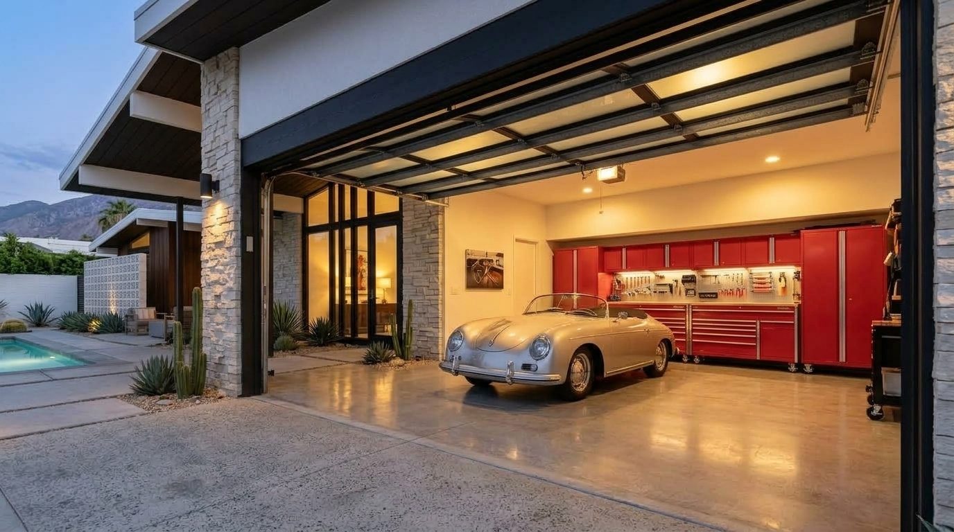 Alami Custom Garage Doors Interior View of Custom Garage Door Overhead and Workshop